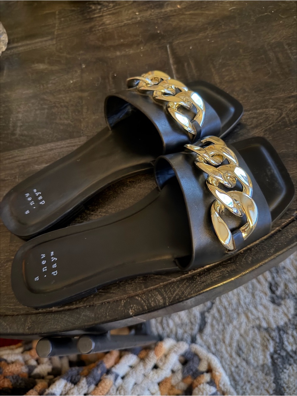 a new day Black Slide Sandals with Gold Chain Detail